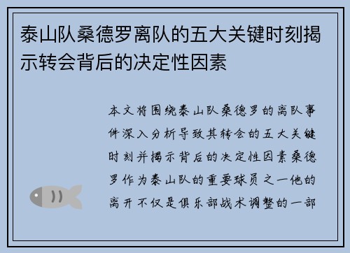 泰山队桑德罗离队的五大关键时刻揭示转会背后的决定性因素