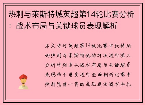 热刺与莱斯特城英超第14轮比赛分析：战术布局与关键球员表现解析