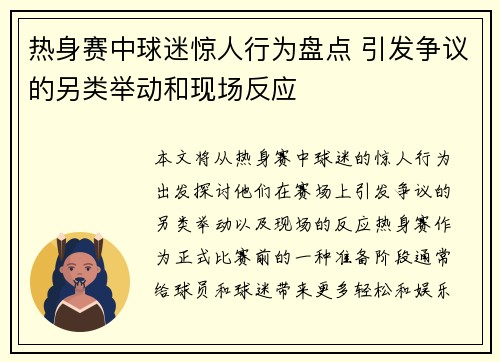 热身赛中球迷惊人行为盘点 引发争议的另类举动和现场反应
